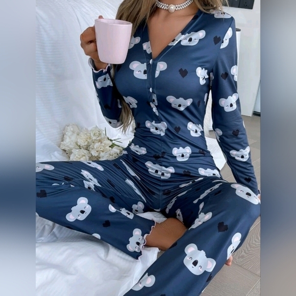 Koala & Heart Print Half Button Lettuce Trim Sleep Jumpsuit PJs Size small NWOT - Picture 5 of 6